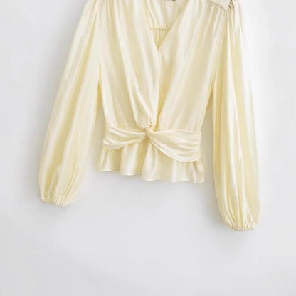 Dam Blus Djup V-ringning Puffärmar Andningsbart Material-3