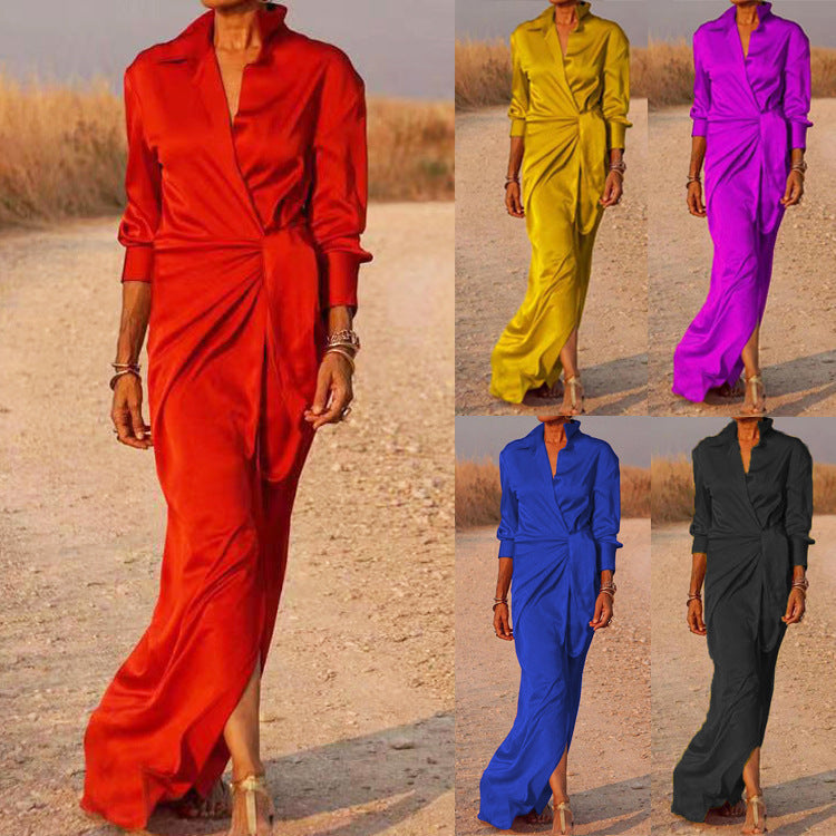 Kvinna Asymmetrisk Klänning V-Neck Polyester Högmidjad Långärmad-2