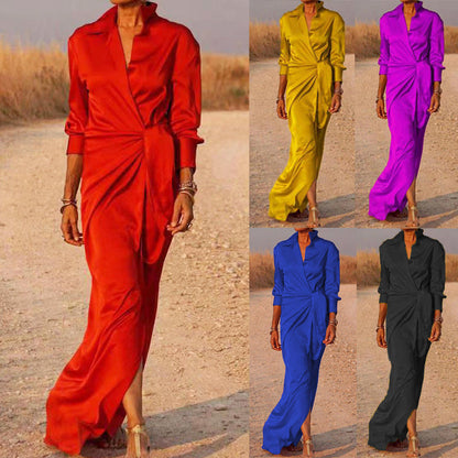 Kvinna Asymmetrisk Klänning V-Neck Polyester Högmidjad Långärmad-2