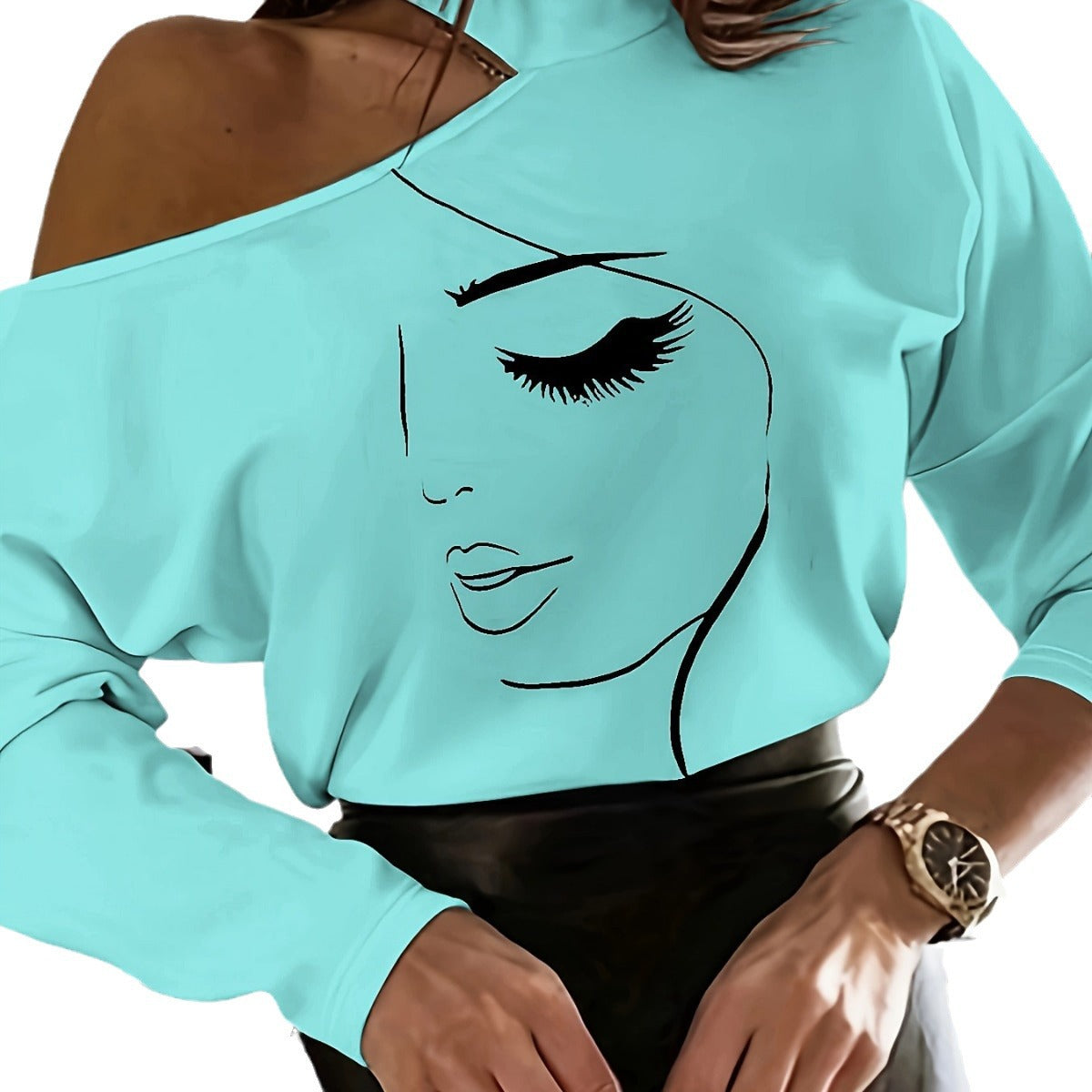 Dam Långärmad T-shirt Off-Shoulder Polyester med Unikt Tryck-5