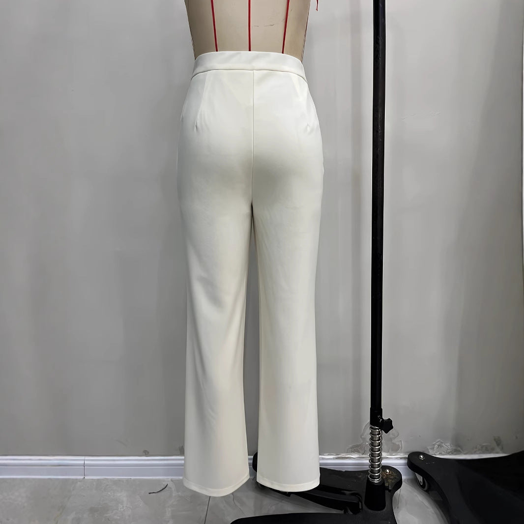 Kvinnor Palazzo Byxor Hög Midja med Knappdetaljer och Sidospår i Andningsbart Material-5