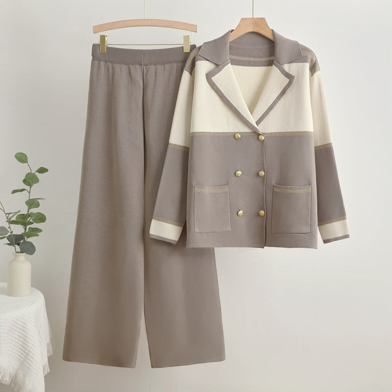 Dam Set Dubbelrad Stickning Bred Stickbyxor Spandex-4