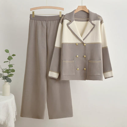 Dam Set Dubbelrad Stickning Bred Stickbyxor Spandex-4