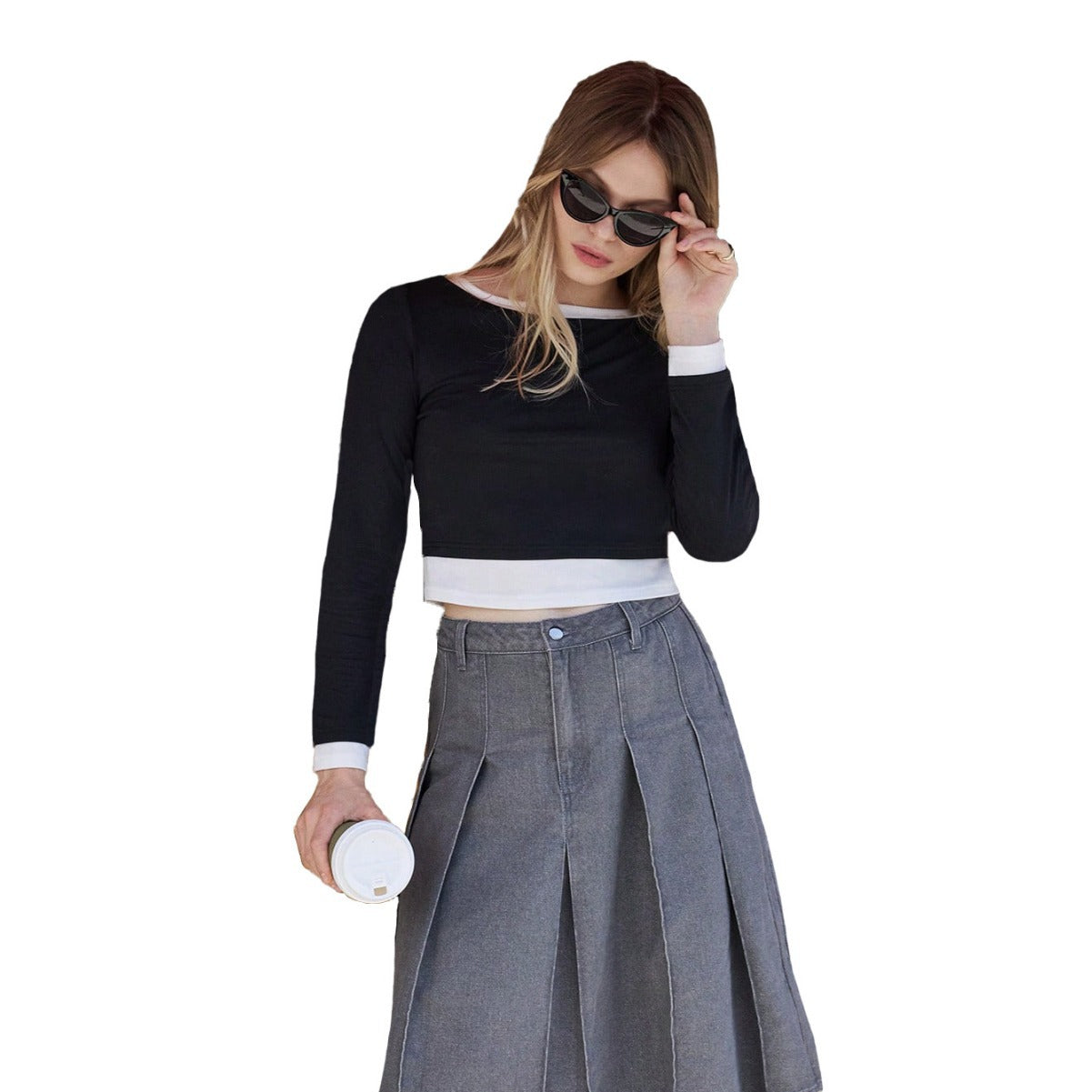 Dam Jeanskjol Elegant Rynkkast Denim Midjehöjd-6