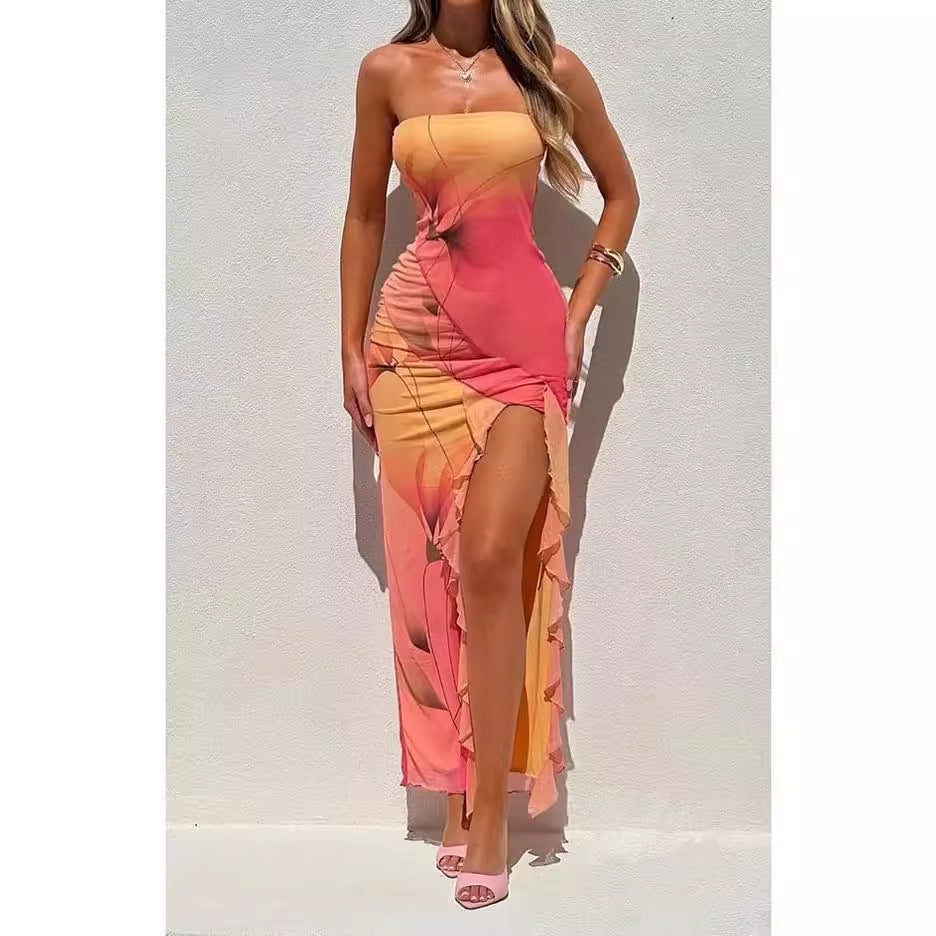 Damklänning Off-Shoulder Sidentryck Polyester Lång BodyCon-4