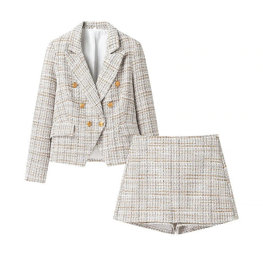 Kvinnors Blazer Set Kontrollmönster Gyllene Knappar Högkvalitativt Tyg 1