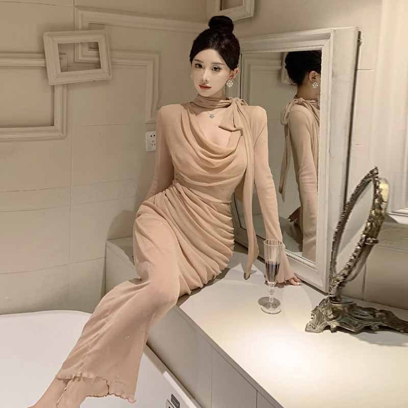 Kvinnors Lång Klänning Klockärmar Knappdesign Polyester-4