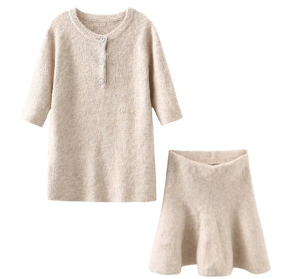 Dam Stickad Klänning Halvlängdärmar Mjuk Tyg med Dekorativa Knappar 8