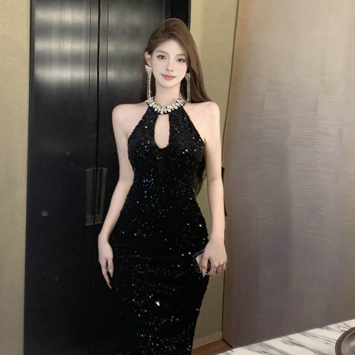 Damklänning Med Strass Detaljer Rund Halsringning Högkvalitativt Tyg-1