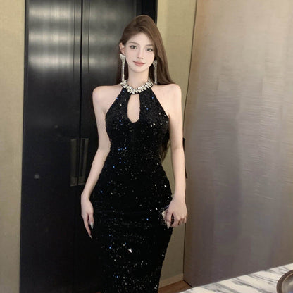 Variant image for Damklänning Med Strass Detaljer Rund Halsringning Högkvalitativt Tyg-1