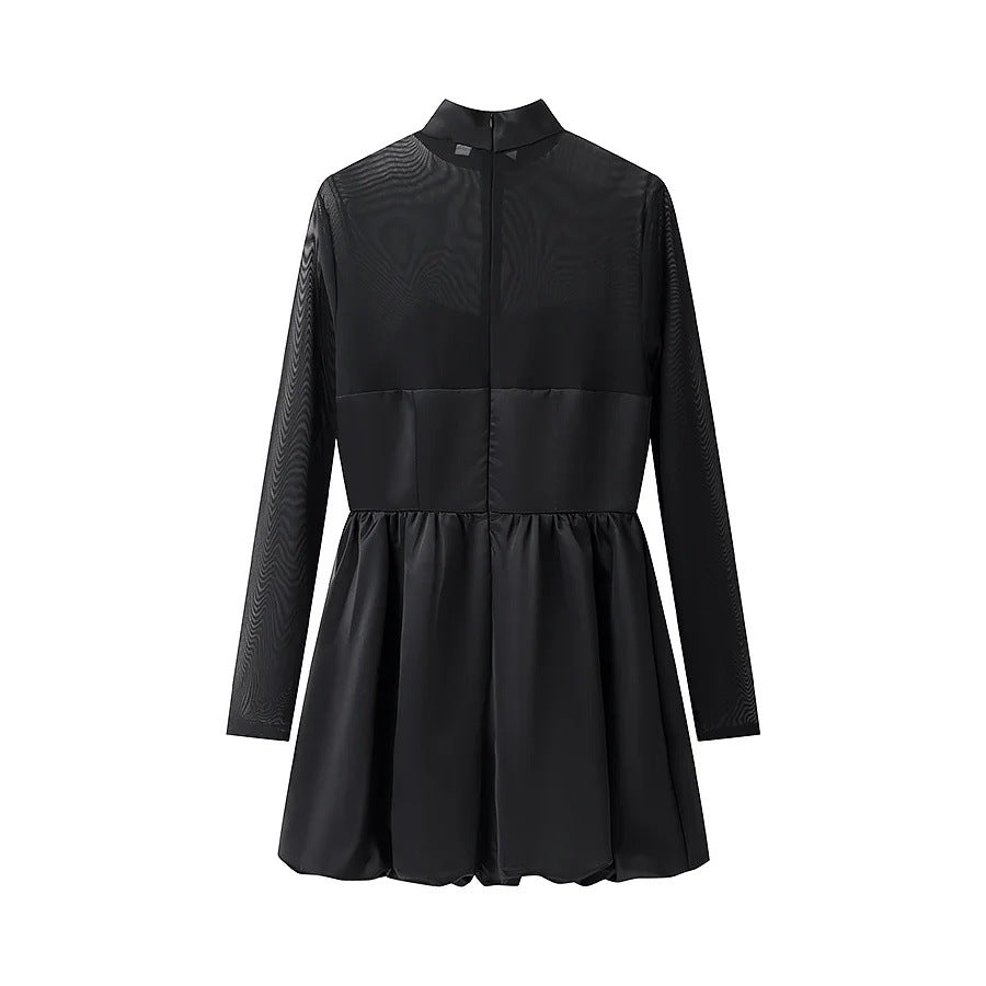 Kvinnors Glittrig Miniklänning med Stativ-upp Krage och Transparenta Ärmar-2