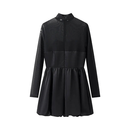 Kvinnors Glittrig Miniklänning med Stativ-upp Krage och Transparenta Ärmar-2