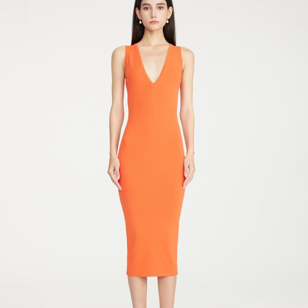 Damklänning Slim Fit V-ringning Midilängd Högkvalitativt Tyg-3