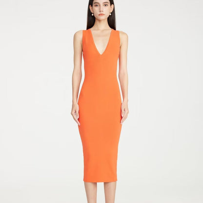 Damklänning Slim Fit V-ringning Midilängd Högkvalitativt Tyg-3
