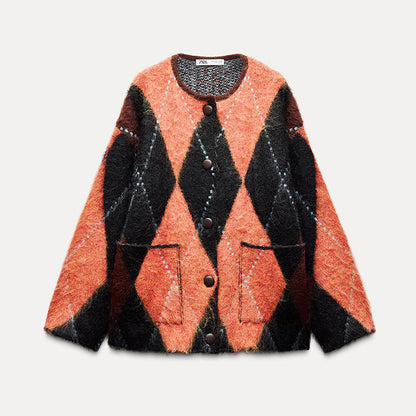 Kvinnors Cardigan Diamantmönster Mjuk Stickad Kvalitet 3