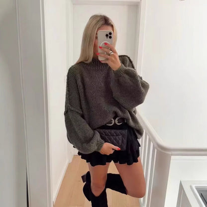 Dam Stickad Tröja Hög Krage Ullblandning Elegant Avslappnad-3