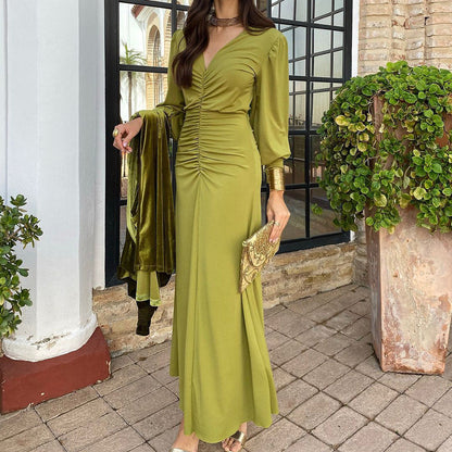 Kvinna Lång Klänning Figurbetonad Fransk Midja Högkvalitativt Tyg-2