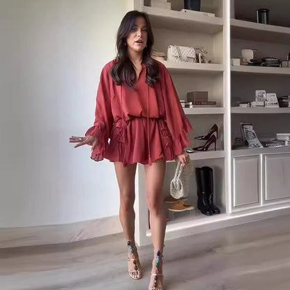 Damkläder Röd Ruffle Set V-Hals Topp Polyester Minikjol-5