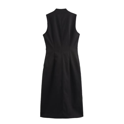 Fina Dam Klänningar Midi V-ringning Ärmlös Polyester med Dekorativa Knappar-3