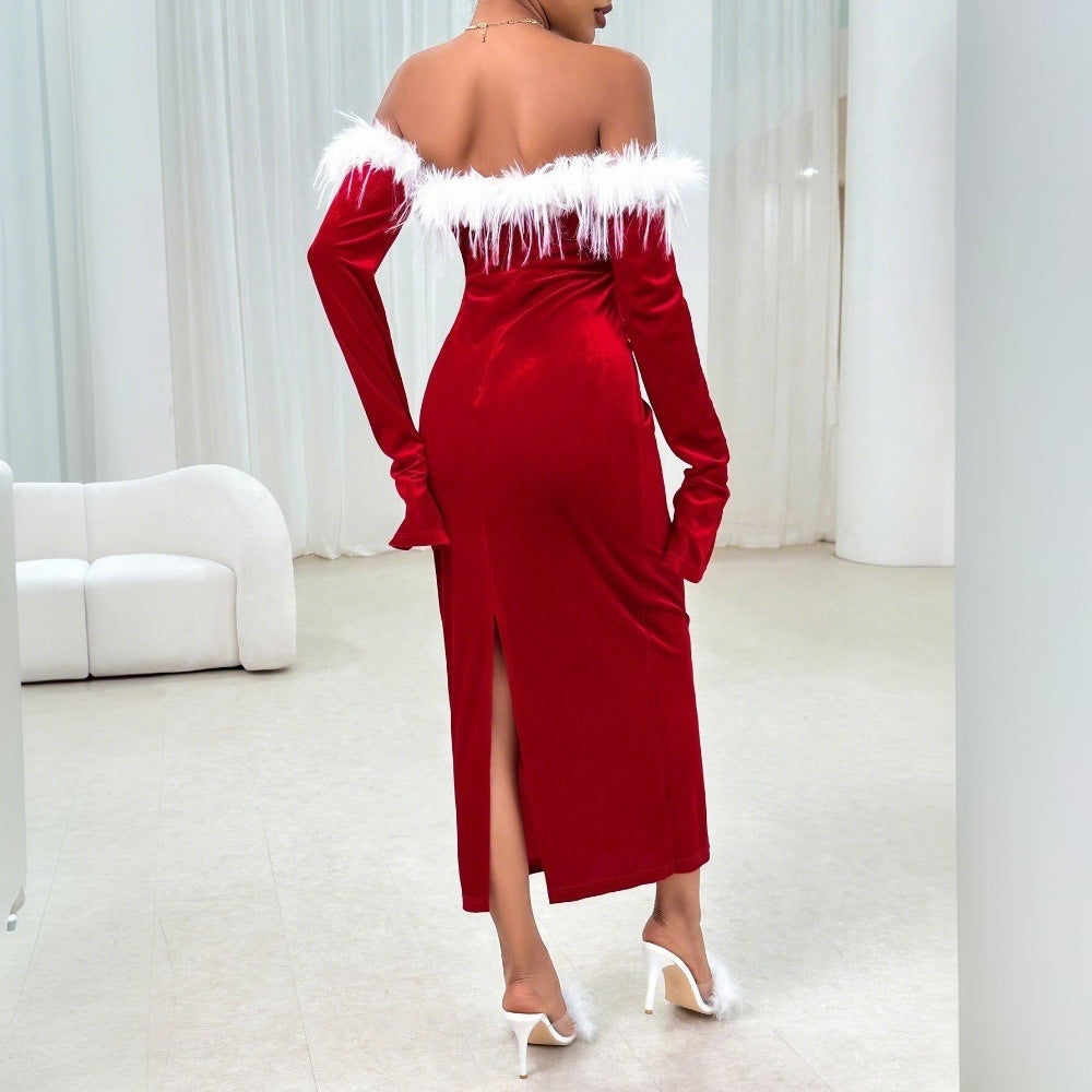 Kvinnors Off-Shoulder Klänning Långärmad Sammet Figur-huggande-3
