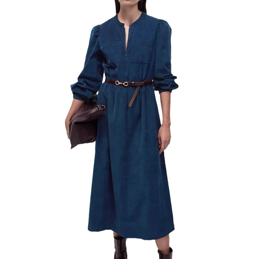 Dam A-Linje Klänning i Corduroy med Lång Ärmar - Fina Dam Klänningar-4