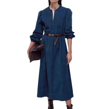 Dam A-Linje Klänning i Corduroy med Lång Ärmar - Fina Dam Klänningar-4