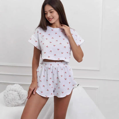 Kvinnors Kortärmad Blommig Fritidsuppsättning Bomull-4