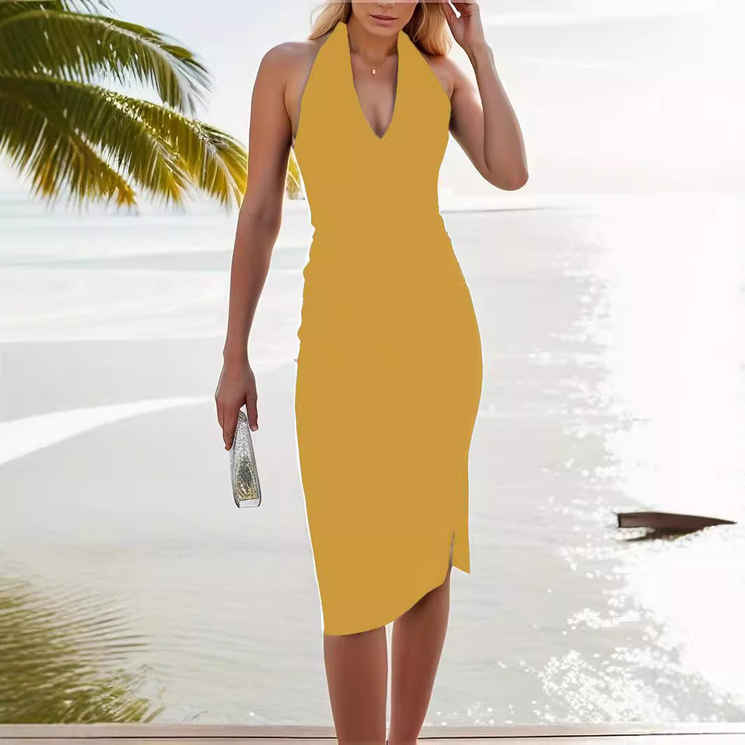 Kvinnors Ärmlös Klänning V-Ringning Medelmidja Polyester-4