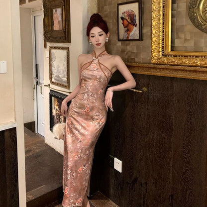 Kvinna Cheongsam Klänning Blommönster Polyester Smal Passform-3