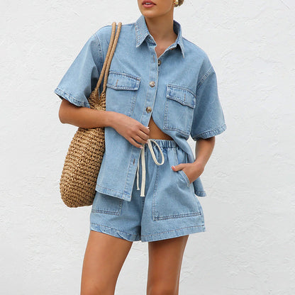 Dam Casual Denim Set Kortärmad Skjorta Shorts Denim-2
