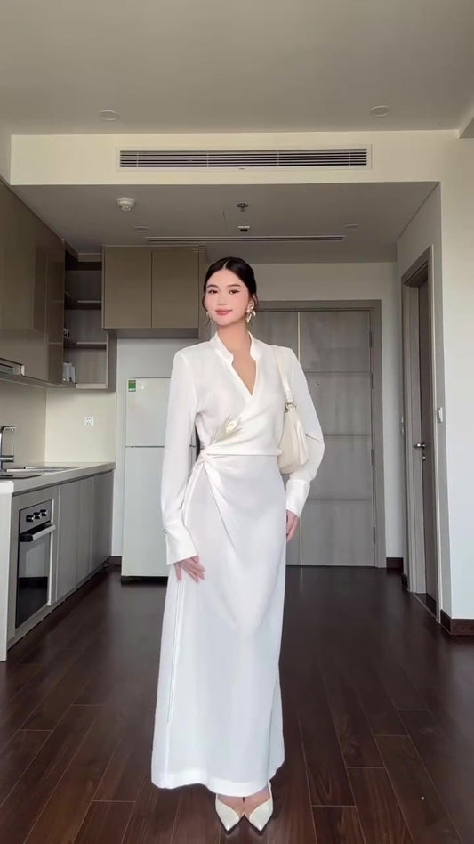 Maxiklänning Dam Asymmetrisk V-Hals i Högkvalitativt Tyg-1