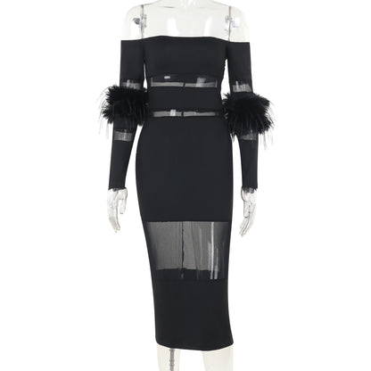 Kvinnors Axelfri Klänning Transparenta Detaljer Högkvalitativt Tyg 1