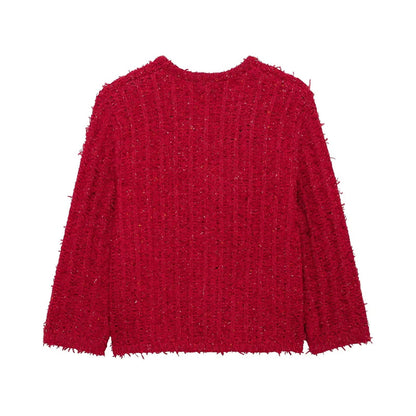 Kvinnors Cardigan Strukturerad Stickad med Gyllene Knappar-2