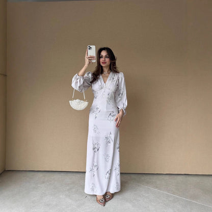 Maxiklänning Dam A-linje V-ringning Tryckt Tyg för Sommar-5