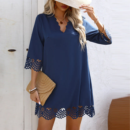 Damklänning A-linjeformad Blommönster Polyester Midi-4