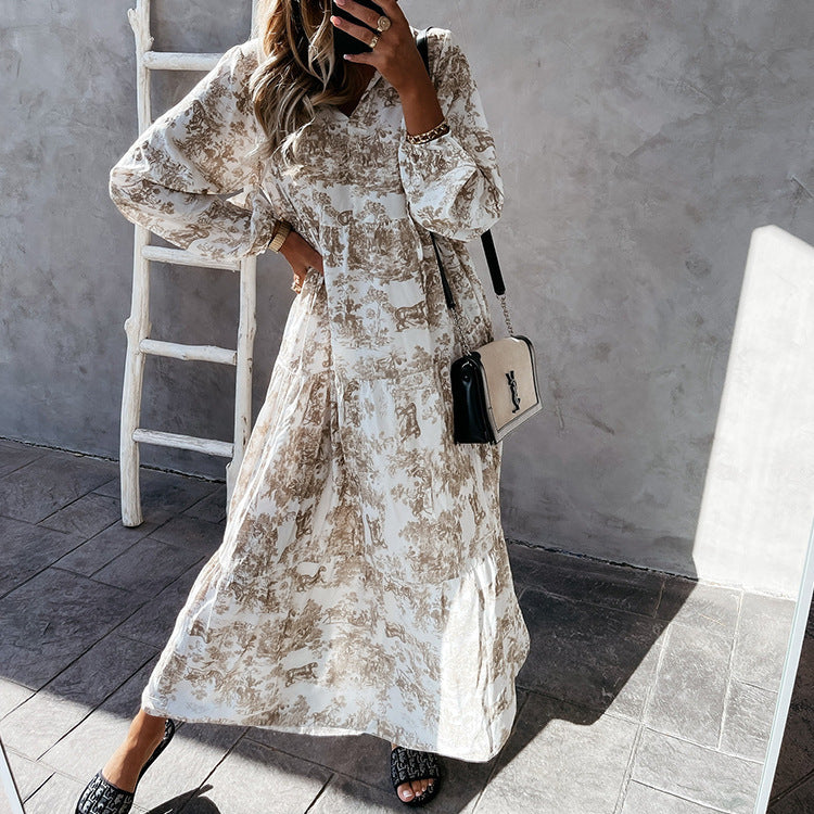 Variant image for Dam Midiklänning med Rysch och Ståkrage i Polyester, Blommig Midi Klänning för Bröllop-11