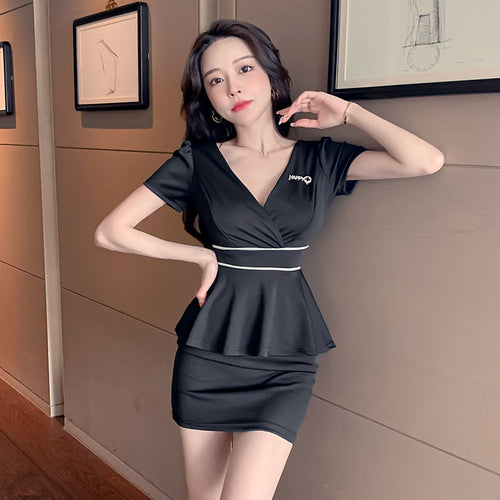 Kvinnors Mini Klänning V-Hals Färgblock Polyester Elastan-1