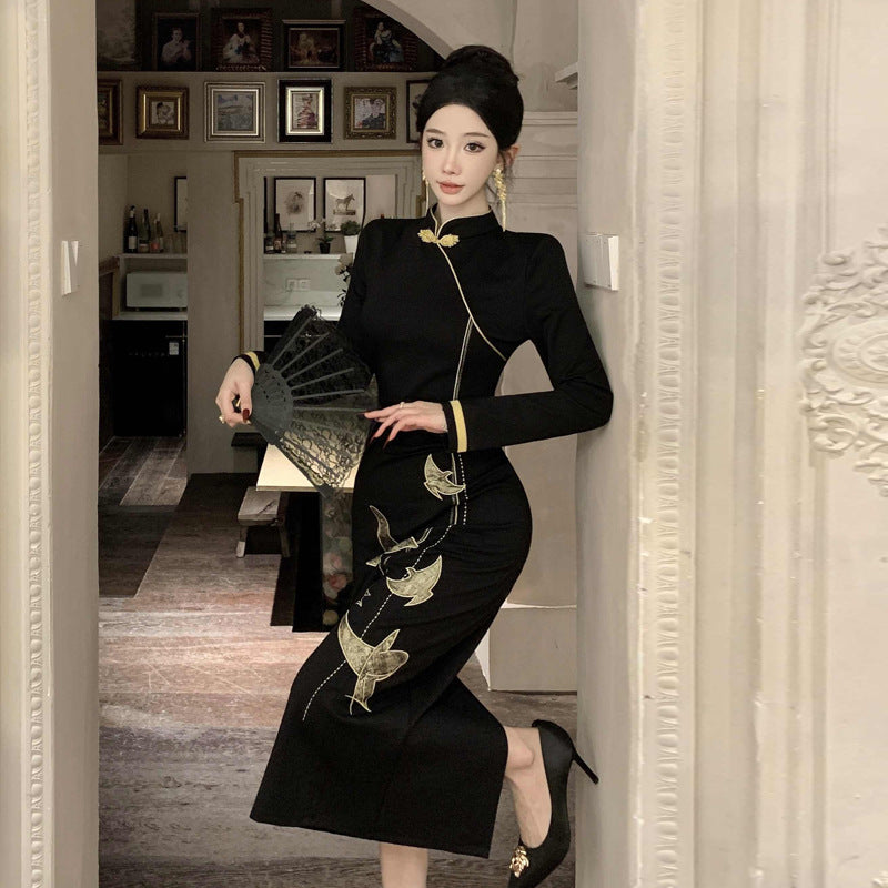 Dam Midi Klänning Broderad Långärmad Högkvalitativ Tygblandning 6