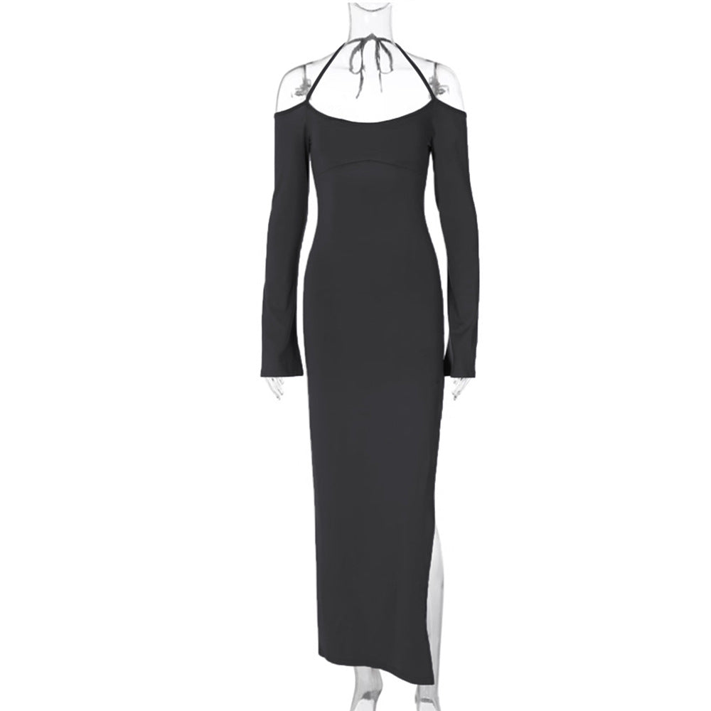 Kvinnors Off-Shoulder Lång Klänning Polyester-4