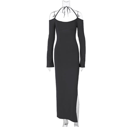 Kvinnors Off-Shoulder Lång Klänning Polyester-4