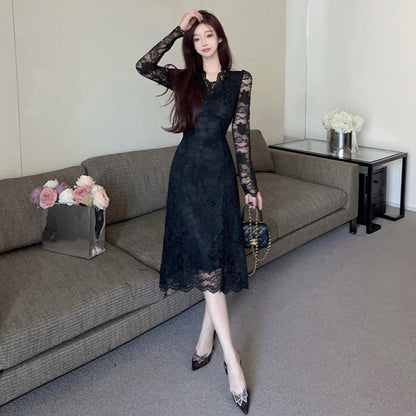 Dam Klänning Midi V-ringning Långa Ärmar Högkvalitativt Tyg-3