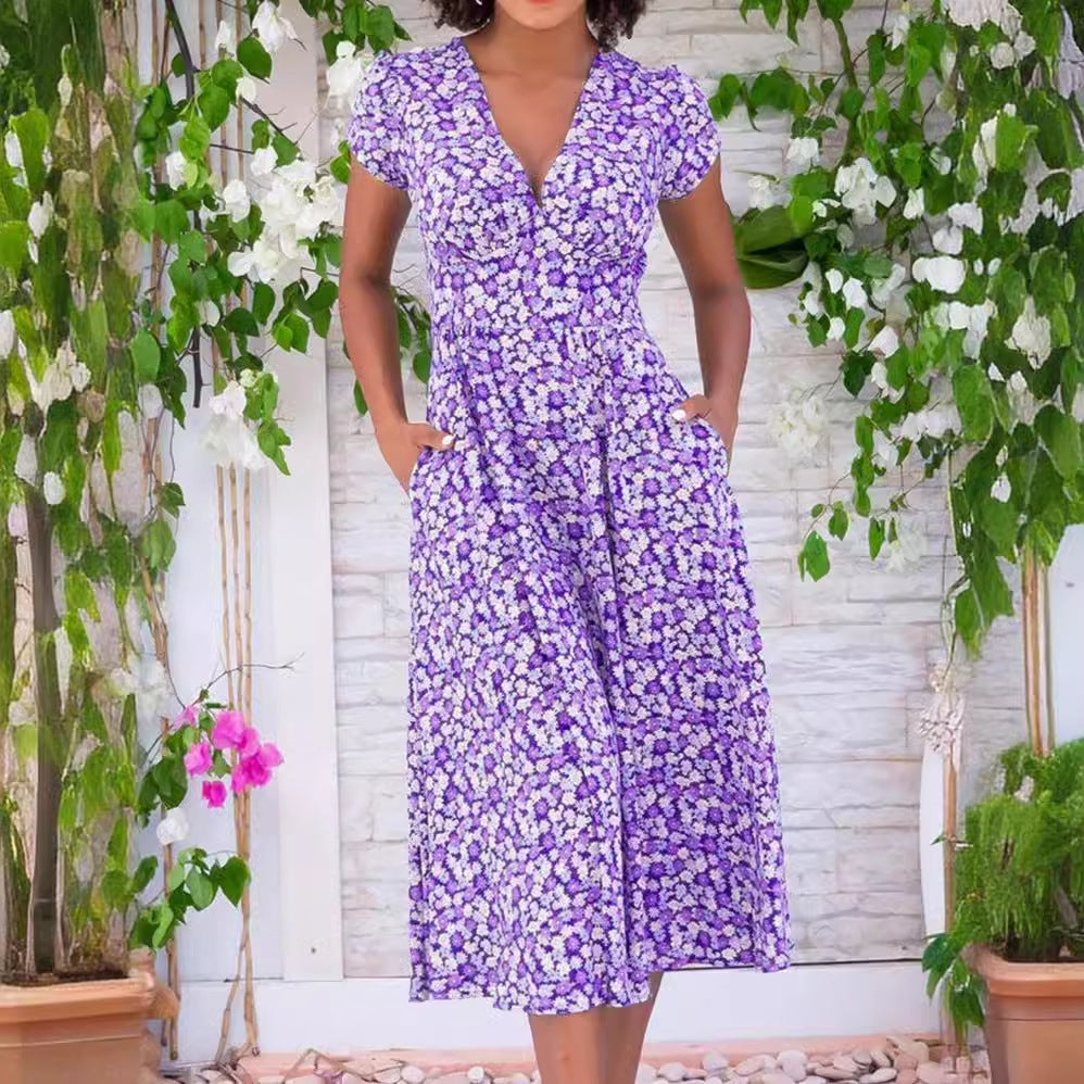 Damklänning V-hals A-linje Midi Fyrvägsstretch Bohemisk Stil 4