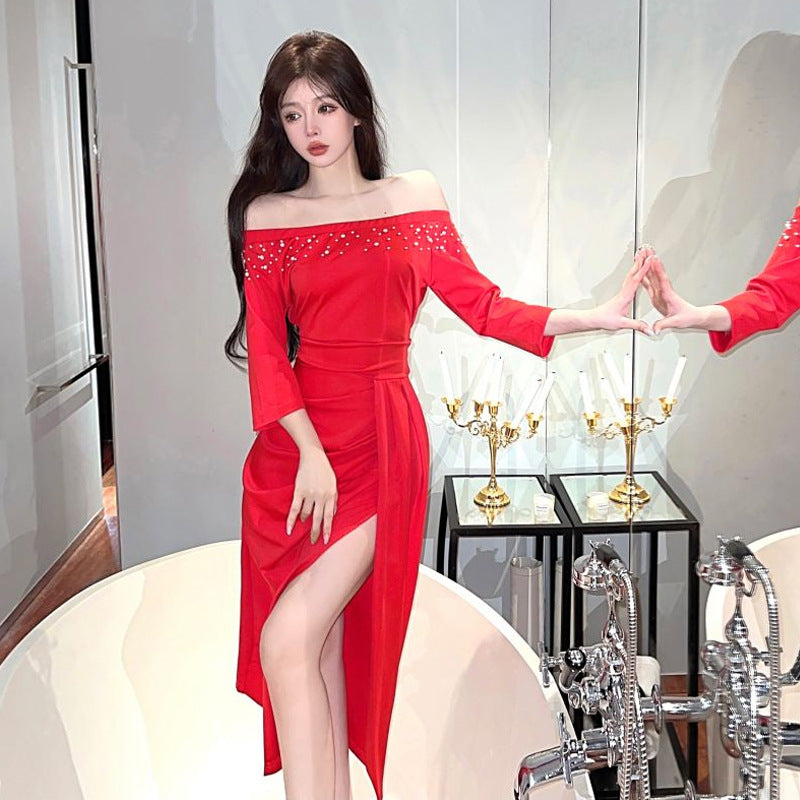 Damklänning Axelbandslös Kort Slits Polyester-2