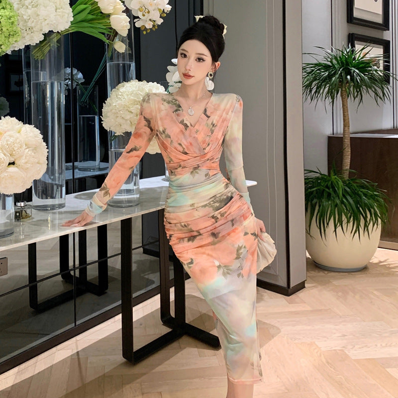 Kvinnors Midi Klänning V-Halsad Rynkade Polyester Elastan-2