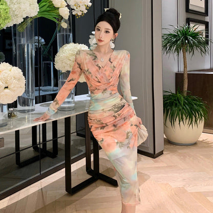 Kvinnors Midi Klänning V-Halsad Rynkade Polyester Elastan-2