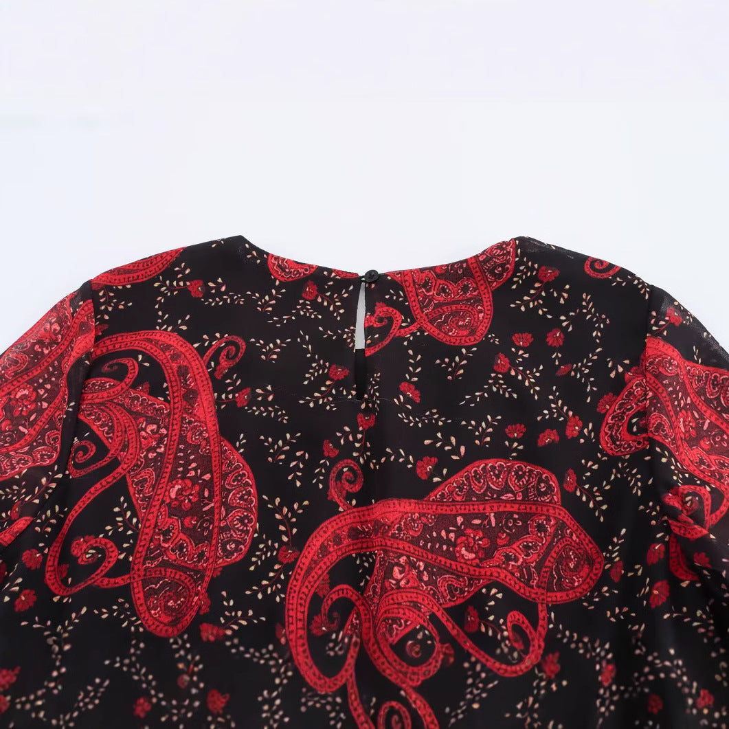 Damklänning A-Line Blommig Chiffong Midi med Långa Ärmar-4