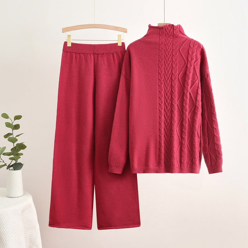 Dam Turtleneck Set med Långa Ärmar och Byxor i Viskosfiber-4