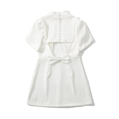 Dam Klänning Höghalsad Puffärmar Andningsbart Tyg 3