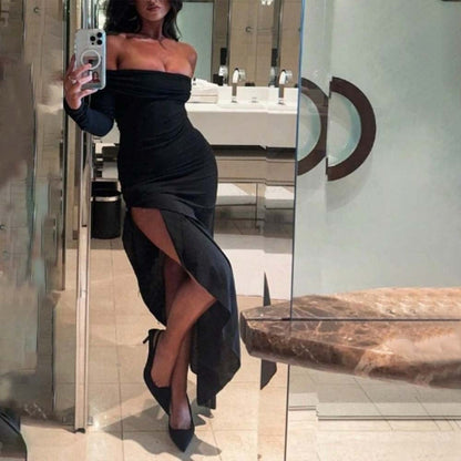 Maxiklänning Dam Off-Shoulder Asymmetrisk Mjuk Elastisk Tyg 2