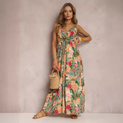 Kvinnors Lång Klänning Djup V-ringning Polyester Flödande Design-5